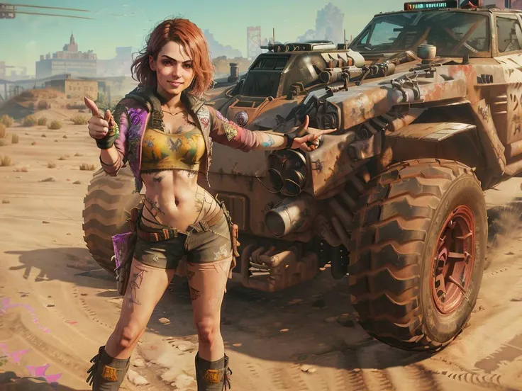 <lora:rage2vehicle_v2:0.7>, beautiful woman, full body, detailed face, (pointing behind:1.3), smiling, standing in front of (rage2vehicle:1.3)