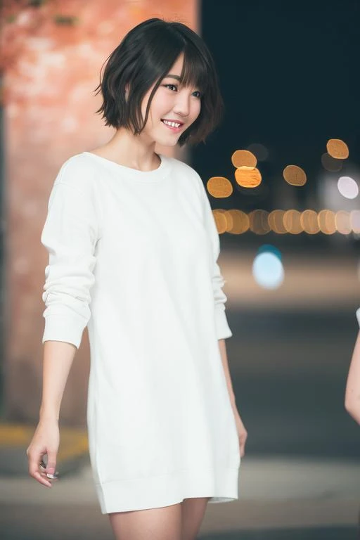 1girl, (wearing a casual dress:1.6),(RAW photo, best quality), (realistic, photo-realistic:1.4), masterpiece, an extremely delicate and beautiful, extremely detailed, 2k wallpaper, Amazing, finely detail, extremely detailed CG unity 8k wallpaper, ultra-detailed, highres, soft light, beautiful detailed girl, extremely detailed eyes and face, beautiful detailed nose, beautiful detailed eyes,cinematic lighting,(in the city:2.0),perfect anatomy,slender body,smile shyly,(close up:2.0),(look at viewer),(front view:2.0),cinematic angle,(wavy short hair:1.2), <lora:hoshikiseena_lora-01:0.8>