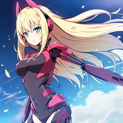 "1girl, blonde hair, blue eyes, long hair, mecha musume, cybernetic body, cyborg, solo, (a girl flying in the sky, above the clouds), medium close up, half body focus, <lora:InkWash_Style:0.7>