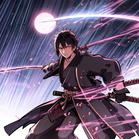 1boy, single boy focus, ronin, gripping sword handle, hand on sword, a samurai in a robe standing alone at night in a bamboo forest, dynamic composition, dynamic angle, <lora:InkWash_Style:0.7>