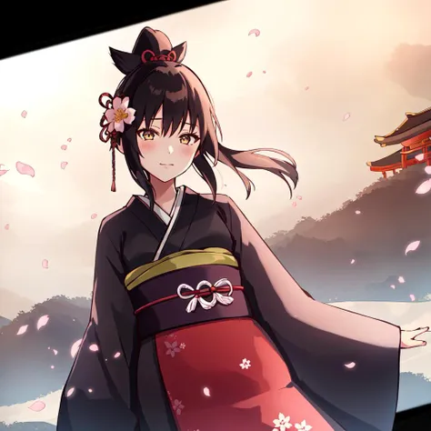 1girl, single girl focus, flower, hair flower, hair ornament, high ponytail, himeyamato, japanese clothes, karaginu mo, kimono, layered clothes, layered kimono, standing in front of a shinto shrine, dynamic composition, dynamic angle, close up, <lora:InkWash_Style:0.7>