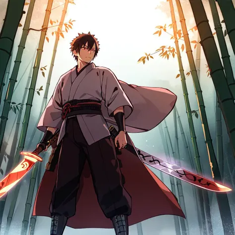 1boy, single boy focus, ronin, gripping sword handle, hand on sword, a samurai, wearing a robe, leg guards, hakama pants, standing alone at night in a bamboo forest, dynamic composition, dynamic angle, <lora:InkWash_Style:0.7>
