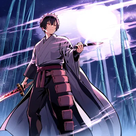 1boy, single boy focus, ronin, gripping sword handle, hand on sword, a samurai, wearing a robe, leg guards, hakama pants, standing alone at night in a bamboo forest, dynamic composition, dynamic angle, <lora:InkWash_Style:0.7>