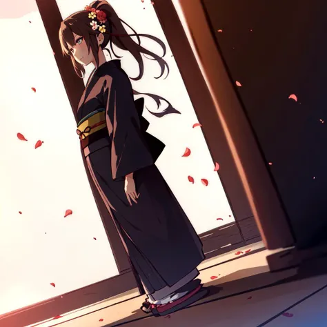 1girl, single girl focus, flower, hair flower, hair ornament, high ponytail, himeyamato, japanese clothes, karaginu mo, kimono, layered clothes, layered kimono, standing in front of a shinto shrine, dynamic composition, dynamic angle, close up, <lora:InkWash_Style:0.7>