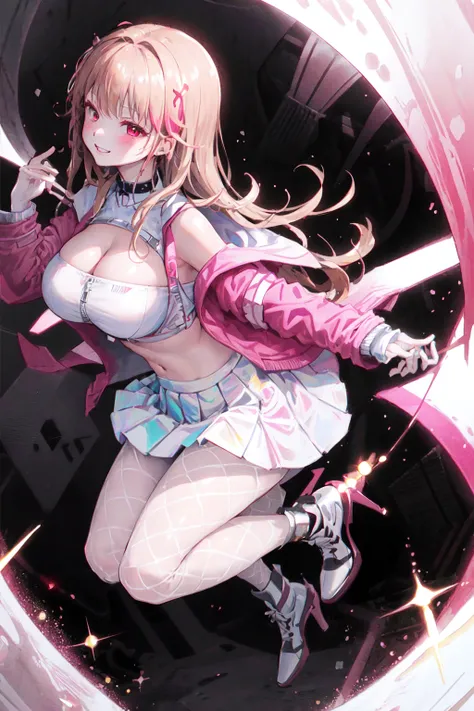 masterpiece, best quality, ultra-detailed, illustration, colorful, (falt color:1.3), depth of field, (lens flare), (close-up:1.2), Dynamic angle, wide angle, upperbody,
1girl, cowgirl position, m legs, large breasts, long hair, full body, blush, high heels, bangs, jacket, pleated skirt, laser gradient pleated skirt, white pantyhose, white fishnet_legwear, pink jacket, sneakers, glowing red eyes, light blonde hair, Collar,evil smile,shiny hair, shiny skin, shiny eyes,
<lora:Nikke-Viper-v2:0.8>