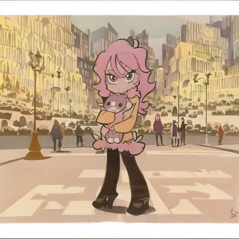 a cartoon drawing of a girl in front of a city, pansto art style,