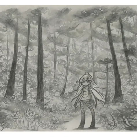 a cartoon drawing of a girl in front of a forest, pansto art style,