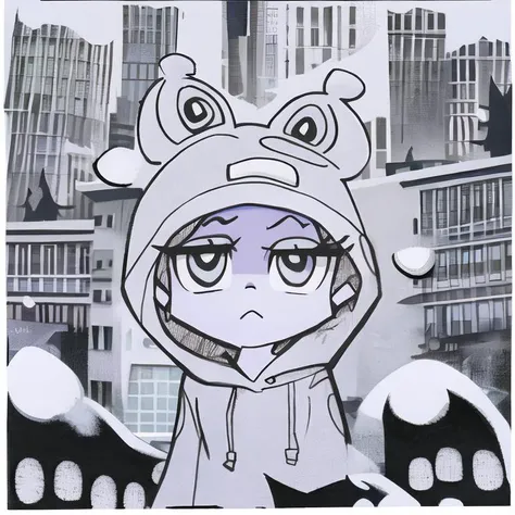 a cartoon drawing of a girl in front of a city in a hoodie close up, pansto art style,