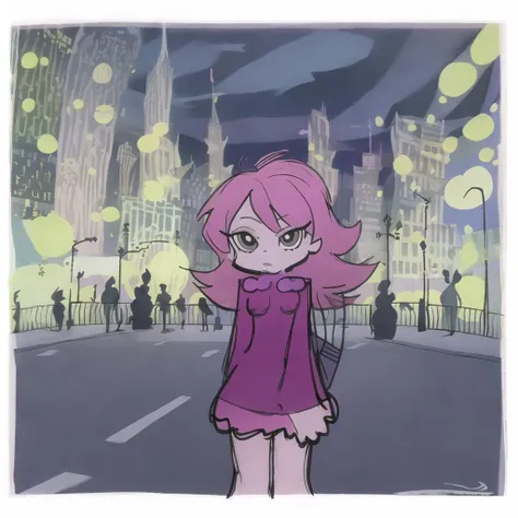 a cartoon drawing of a girl in front of a city, pansto art style,