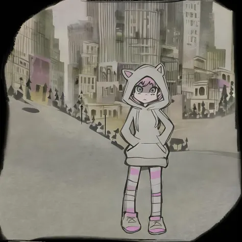a cartoon drawing of a girl in front of a city in a hoodie close up, pansto art style,