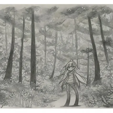a cartoon drawing of a girl in front of a forest, pansto art style,
