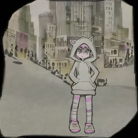 a cartoon drawing of a girl in front of a city in a hoodie close up, pansto art style,