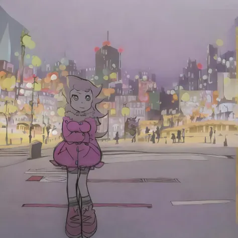 a cartoon drawing of a girl in front of a city, pansto art style,