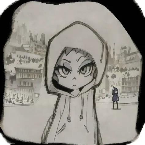 a cartoon drawing of a girl in front of a city in a hoodie close up, pansto art style,
