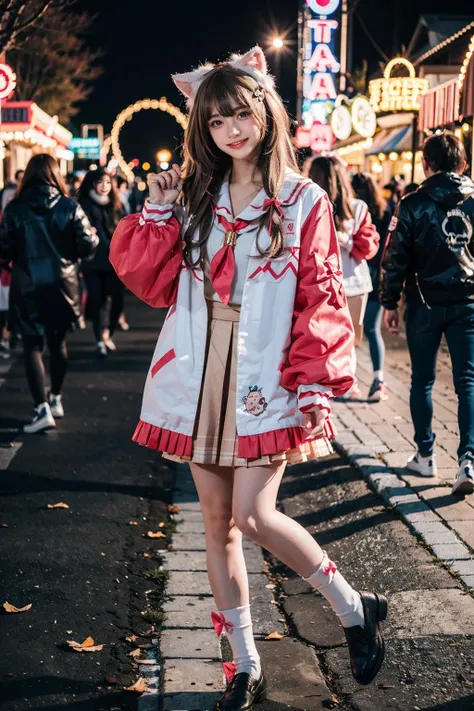 best quality, quality, masterpiece, photorealistic, 1girl, full body, looking at viewer, smile, cute, diana cosplay costume, animal ears, long jacket, bow, hair ornament, serafuku, neckerchief, long sleeves, socks, shoes, detailed background, amusement park, night, light, <lora:diana_cosplay_costume_v1:0.65>