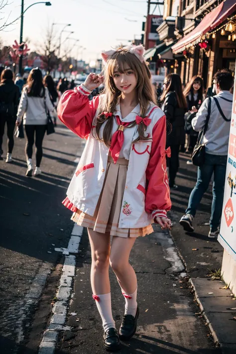 best quality, quality, masterpiece, photorealistic, 1girl, full body, looking at viewer, smile, cute, diana cosplay costume, animal ears, long jacket, bow, hair ornament, serafuku, neckerchief, long sleeves, socks, shoes, detailed background, amusement park, <lora:diana_cosplay_costume_v1:0.65>