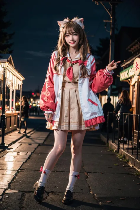 best quality, quality, masterpiece, photorealistic, 1girl, full body, looking at viewer, smile, cute, diana cosplay costume, animal ears, long jacket, bow, hair ornament, serafuku, neckerchief, long sleeves, socks, shoes, detailed background, amusement park, night, light, <lora:diana_cosplay_costume_v1:0.65>