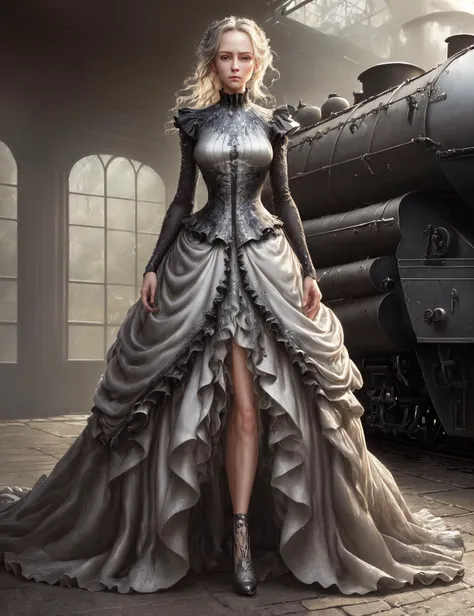 ((best quality)), ((masterpiece)), ((realistic,digital art)), (hyper detailed), full body clothing, Mock Neck, Electroluminescent Silk, , Sterling Silver, Raglan Sleeves, Asymmetrical Hemline, Natural Waist, Ball Gown Skirt, Ruffle Details,,Collar,,Train,,Cargo Straps,,Waistband, ,8K, HDR,