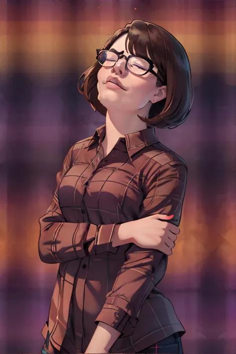 <lora:bzl:0.8> <lora:fabuloussecretpowers:1.0>, IncrsSecretPower, solo, closed eyes, headshot, bzl_test, brown curly bob haircut, glasses, (purple|plaid) flannel shirt, <clip:skip:2> masterpiece, 8k, high resolution, shallow depth of field, sharp focus