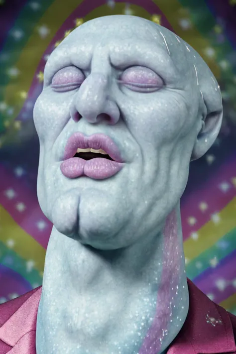realistic photorealistic photo of a man with a strange face with his head back, wearing a suit, mouth open a little, pink lips, rainbow background, (large sparkles), <lora:FabulousSecretPowersMeme:1.1>IncrsSecretPower , solo, closed eyes <lora:handsome-squidward:0.8> handsome-squidward, extreme detail, (blue skin:1.2), detailed skin, detailed pores, best quality, masterpiece
