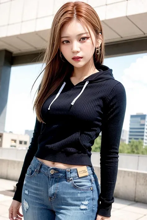 wjsnbona, urban, streets, RAW,(8k, best quality, masterpiece:1.2),(intricate details:1.4),(photorealistic:1.4),octane render, ultra detailed, realistic skin texture, detailed face, beautiful detailed eyes, makeup, (detailed background:1.2), (cowboy shot:1.2),(hip),(perfect anatomy:1.2),(white hoodie, jeans), <lora:wjsnbona-v1:1>
