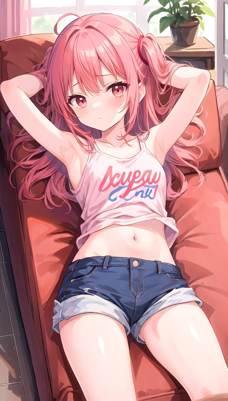 cute girl, living room, short shorts, shirt, thigh, lying on couch, armpit, (red:1.2) pink hair