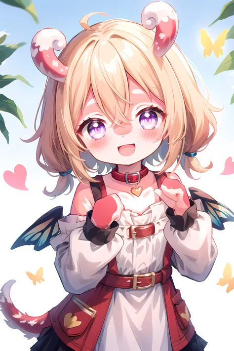 1girl, butterfly, bug, wings, solo, jewelry, looking at viewer, purple eyes, collar, bare shoulders, hair between eyes, bangs, upper body, off shoulder, buckle, medium hair, blush, heart, dress, blurry, off-shoulder dress, off-shoulder shirt,
gold hair,
(red skin:1.2),
twintails hair,
close mouth,
(stubby tail:1.3),
happy, smile,
(Melusine), curly ears, <lora:MelusineV2:1.0>