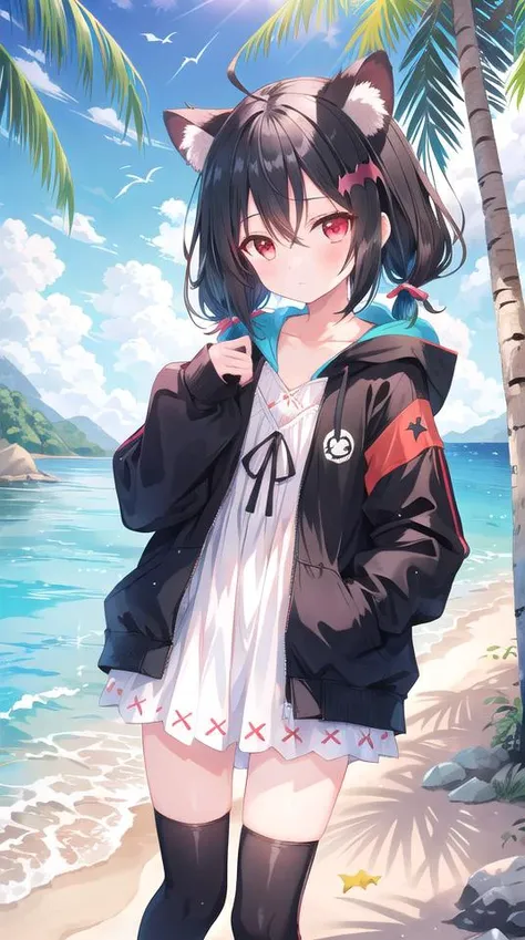 1girl, flat chest, short hair, black hair, ahoge, messy hair, payot, twintails, short twintails, animal ears, animal ear fluff, bat ears, bangs, hair between eyes, bat hair ornament, expressionless, empty eyes, red eyes, glowing eyes, white dress, short dress, pleated skirt, hooded jacket, black jacket, open jacket, open clothes, black hood, hood down, long sleeves, wide sleeves, sleeves past wrists, sleeves past fingers, black thighhighs, zettai ryouiki, boots, black footwear, outdoors, day, sky, tree, jungle, coconut trees, rocky shoreline, beach, sand, ocean, island, palm trees, blue water, green foliage, Costa Rica, Latin America, sunlit coast, Isla de Coati, masterpiece, best quality, official art, extremely detailed CG unity 8k wallpaper, artbook, yuzu-soft, kobuichi, muririn,