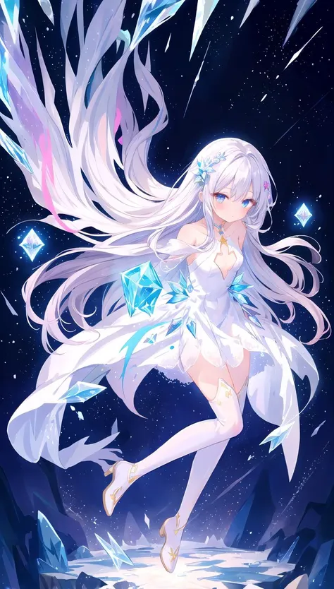 cute girl, ice, dark sky, from above, aura, vortex, silver hair, iced flower, jewelry, crystal, skirt, long hair, full body, legwear, particles, celestial, white dress