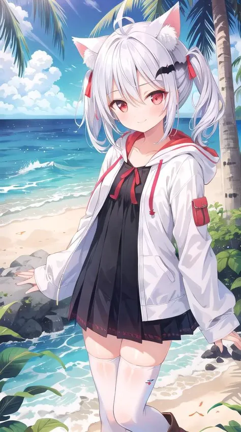 1girl, flat chest, short hair, white hair, ahoge, messy hair, payot, twintails, short twintails, animal ears, animal ear fluff, bat ears, bangs, hair between eyes, bat hair ornament, seductive smile, empty eyes, red eyes, glowing eyes, black dress, short dress, pleated skirt, hooded jacket, white jacket, open jacket, open clothes, white hood, hood down, long sleeves, wide sleeves, sleeves past wrists, sleeves past fingers, white thighhighs, zettai ryouiki, boots, white footwear, outdoors, day, sky, tree, jungle, coconut trees, rocky shoreline, beach, sand, ocean, island, palm trees, blue water, green foliage, Costa Rica, Latin America, sunlit coast, Isla de Coati, masterpiece, best quality, official art, extremely detailed CG unity 8k wallpaper, artbook, yuzu-soft, kobuichi, muririn,
