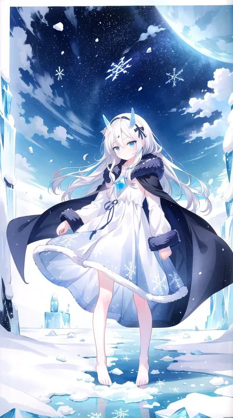 1girl, flat chest, long white hair, flowing hair, messy hair, bangs, hair between eyes, blue eyes, icy blue eyes, pale skin, tall stature, yeti ears, white fur, fluffy fur, horned headband, snowflake hairpin, cold expression, serious expression, blue lips, fur-trimmed cloak, white cloak, hooded cloak, frosty patterns, snowflake patterns, long sleeves, fur-trimmed cuffs, ice crystal necklace, blue dress, snowflake patterns, floor-length dress, barefoot, icy ground, confident stance, night, sky, snow, blizzard, wind, whiteout conditions, arctic, ocean, iceberg, alaska, masterpiece, best quality, official art, extremely detailed CG unity 8k wallpaper, artbook, yuzu-soft, kobuichi, muririn,