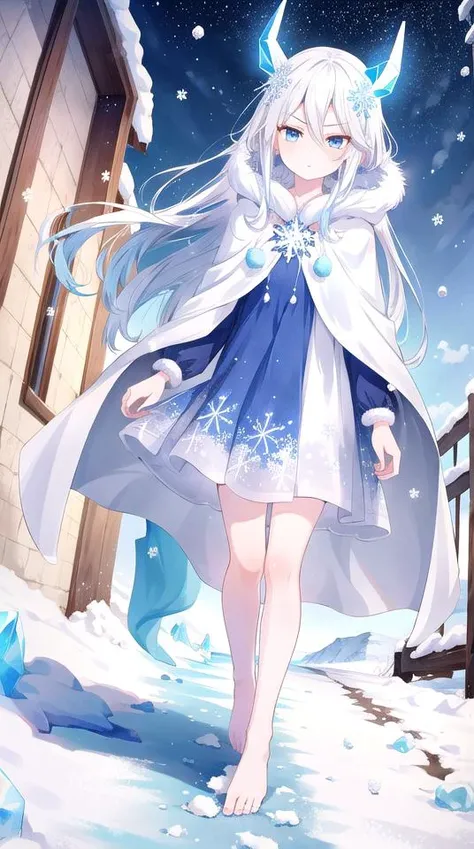 1girl, flat chest, long white hair, flowing hair, messy hair, bangs, hair between eyes, blue eyes, icy blue eyes, pale skin, tall stature, yeti ears, white fur, fluffy fur, horned headband, snowflake hairpin, cold expression, serious expression, blue lips, fur-trimmed cloak, white cloak, hooded cloak, frosty patterns, snowflake patterns, long sleeves, fur-trimmed cuffs, ice crystal necklace, blue dress, snowflake patterns, floor-length dress, barefoot, icy ground, confident stance, night, sky, snow, blizzard, wind, whiteout conditions, arctic, ocean, iceberg, alaska, masterpiece, best quality, official art, extremely detailed CG unity 8k wallpaper, artbook, yuzu-soft, kobuichi, muririn,