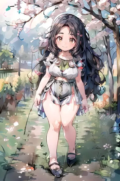 (masterpiece:1.4), high quality, high definition, sharp focus, detailed clothes, detailed body, detailed face, anime, best quality, 4k, 8k, absurd resolution, intricate detail, detailed hands, (detailed eyes:1.3), animation, illustration, highly detailed, highres, extremely detailed, <lora:hyperdenoiser_v090:0.6>, <lora:perfetfingers:1>,<lora:hyperrefiner_v090:0.6>, <lora:add_detail:0.4>, <lora:ETO_OC:0.2> ETO-OC, <lora:ETO_OCC006:0.8>, ETO_OCC, (curly hair:1.2), (parted bangs:1.4), long hair, black hair, thick eyebrows, pale skin, curvy, (plump:1.3), fat, full body, large breasts, flower, dress, hair ornament, hair flower, tree, see-through, outdoors, <lora:sakura_v1:0.8> ruanyi0007, petals, petals on the ground, roads, cherry blossoms,