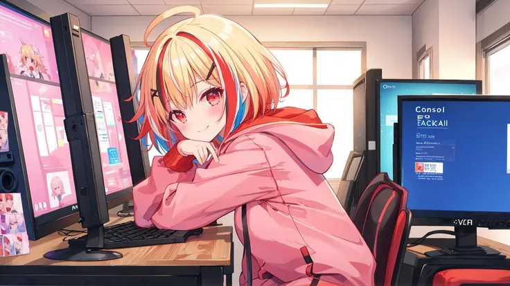 1girl, solo, blonde hair, hood, smile, keyboard (computer), sitting,
(( FPS game PC display.))
(blonde hair),lacquer red hair,((streaked hair)),short cut,ahoge,multicolored hair
hoodie, looking at viewer, , chair, desk, monitor, breasts, red eyes, indoors,, skirt, phone, virtual youtuber, short hair, blush, large breasts, long sleeves, bangs, pink hoodie, hair ornament,closed mouth, office chair, jacket, looking back, hood down,from side,