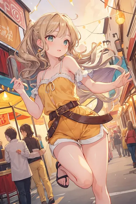 (masterpiece, best quality), female midlife, wholesome, european, emerald eyes, small ears, aquiline nose, high jawline, high cheekbones, diamond face shape with angular cheeks, graceful arch of the foot, wrinkles, lavender boho waves hair, curiosity wearing belted shorts, camisole, mules, , hair toss, tossing hair back, creating a dramatic and enticing effect, warm lighting, soft golden or amber hues creating a cozy and inviting atmosphere, a lively street fair, with food stalls, live music, and laughter