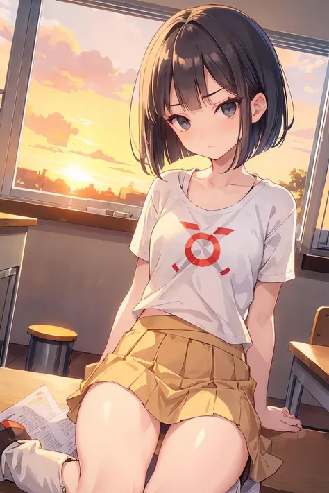 (masterpiece, best quality), female middle-aged, petite, central asian, black eyes, cupped ears, deviated septum nose, angular jaw, low cheekbones, flat forehead, , silver bob with bangs hair, sarcasm wearing embroidered hipster, scoop-neck top, boots, , seductive stare, locking eyes with the camera, radiating confidence and seduction, sunset lighting, the warm, golden glow of a sunset, adding a romantic and enchanting feel to the scene, a cheerful school classroom, with students working together and a passionate teacher