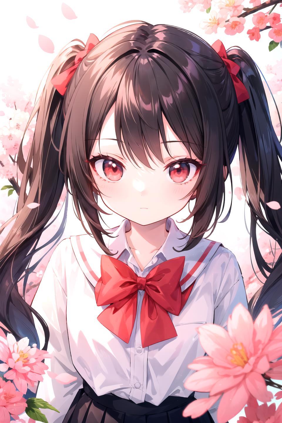 Anime girl with long hair and red bow tie standing in front of flowers ...