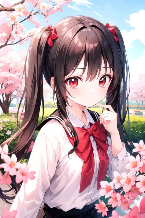 ,(masterpiece),(highres),(high quality),(insanely detailed),(absurdres),(ultra-highres),(ultra-detailed),(ultra-quality),(ultra-beautiful),(ultra detailed background),(best quality),(intricate),
,(beautiful illustration),(8K),(UHD,HDR),(ray tracing),(ultra-quality light),(calibration color),
BREAK
,(cute girl),(solo),(skinny),(petite),(kawaii),(slender),(perfect symmetrical face),(waifu),
,(ultra cute face),(ultra detailed eyes),(ultra detailed hair),(ultra cute),(ultra beautiful),
BREAK
,(black hair:1.2),(red eyes:1.2),(long twintails hair:1.2),
BREAK
,(white shirt),(black skirt),(school uniform),
BREAK
,(flower),(garden),(sakura),
BREAK
,(looking at viewer),
BREAK
,<lora:hotarucontrast_v100:0.3>,