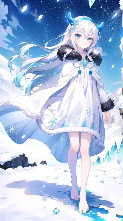 1girl, flat chest, long white hair, flowing hair, messy hair, bangs, hair between eyes, blue eyes, icy blue eyes, pale skin, tall stature, yeti ears, white fur, fluffy fur, horned headband, snowflake hairpin, cold expression, serious expression, blue lips, fur-trimmed cloak, white cloak, hooded cloak, frosty patterns, snowflake patterns, long sleeves, fur-trimmed cuffs, ice crystal necklace, blue dress, snowflake patterns, floor-length dress, barefoot, icy ground, confident stance, night, sky, snow, blizzard, wind, whiteout conditions, arctic, ocean, iceberg, alaska, masterpiece, best quality, official art, extremely detailed CG unity 8k wallpaper, artbook, yuzu-soft, kobuichi, muririn,