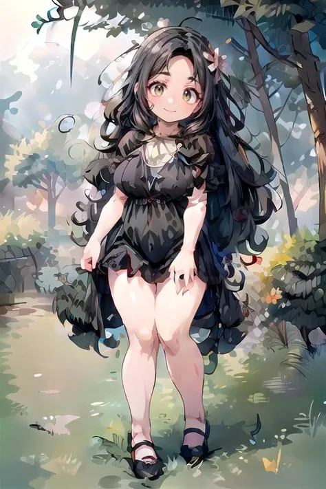 (masterpiece:1.4), high quality, high definition, sharp focus, detailed clothes, detailed body, detailed face, anime, best quality, 4k, 8k, absurd resolution, intricate detail, detailed hands, (detailed eyes:1.3), animation, illustration, highly detailed, highres, extremely detailed, <lora:hyperdenoiser_v090:0.6>, <lora:perfetfingers:1>,<lora:hyperrefiner_v090:0.6>, <lora:add_detail:0.4>, <lora:ETO_OC:0.2> ETO-OC, <lora:ETO_OCC006:0.8>, ETO_OCC, (curly hair:1.2), (parted bangs:1.4), long hair, black hair, thick eyebrows, pale skin, curvy, (plump:1.3), fat, full body, large breasts, flower, dress, hair ornament, hair flower, tree, see-through, outdoors, <lora:sakura_v1:0.8> ruanyi0007