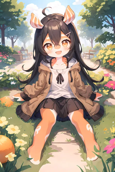 masterpiece, best quality, highres, ultra-detailed, hair between eyes, bangs, hairclip, hoodie, hooded jacket, brown jacket, open clothes, shirt, black shirt, long sleeves, skirt, brown skirt, outdoors, garden,
(petite), cute, barefoot,
black hair,
(orange skin:1.2),
very long hair,
open mouth,
happy, smile,
(Melusine), (straight ears:1.2), <lora:MelusineV2:1.1>