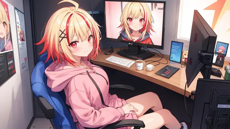 1girl, solo, blonde hair, hood, smile, keyboard (computer), sitting,
(( FPS game PC display.))
(blonde hair),lacquer red hair,((streaked hair)),short cut,ahoge,multicolored hair
hoodie, looking at viewer, , chair, desk, monitor, breasts, red eyes, indoors,, skirt, phone, virtual youtuber, short hair, blush, large breasts, long sleeves, bangs, pink hoodie, hair ornament,closed mouth, office chair, jacket, looking back, hood down,from side,