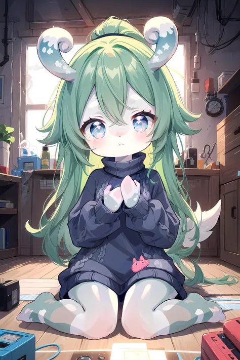 closeup girl, masterpiece, best quality, 8K, (Vivid colors:1.3), (content expression:1.3), girl, Electronic room, A world with an original and fantastical atmosphere, blue eye, (oversized Sweater:1.2), cute, soft, cool, kawaii, soft, thin, wind, sit, skart, soaring feathers, Lens flare, glitter, electronic room, fly, ring, float, rise, flow, science, embroidery,
(ite), cute, barefoot,
(green hair), (ponytail), ((very long hair)), (grey skin:1.3), happy,
(Melusine), (curly ears), (stubby tail:1.3), <lora:MelusineV2:1.0>