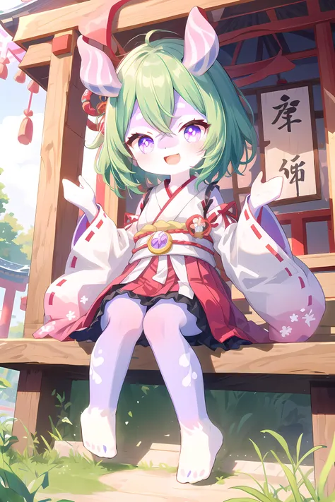 masterpiece, best quality, 1girl, ultra detail, miko, japanese fan, shrine, japanese style, japanese tori, indoor,
barefoot,
green hair, (purple skin:1.2), short hair, floating hair, close mouth, happy,
(Melusine), straight ears, <lora:MelusineV2:1.0>