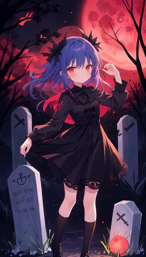 cute girl, dark, grave, funeral, red moon, aura