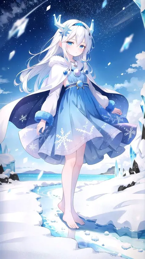 1girl, flat chest, long white hair, flowing hair, messy hair, bangs, hair between eyes, blue eyes, icy blue eyes, pale skin, tall stature, yeti ears, white fur, fluffy fur, horned headband, snowflake hairpin, cold expression, serious expression, blue lips, fur-trimmed cloak, white cloak, hooded cloak, frosty patterns, snowflake patterns, long sleeves, fur-trimmed cuffs, ice crystal necklace, blue dress, snowflake patterns, floor-length dress, barefoot, icy ground, confident stance, night, sky, snow, blizzard, wind, whiteout conditions, arctic, ocean, iceberg, alaska, masterpiece, best quality, official art, extremely detailed CG unity 8k wallpaper, artbook, yuzu-soft, kobuichi, muririn,