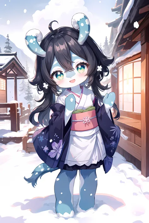 masterpiece,ultra-detailed, best quality,8K, illustration, perfect-composition, detailed beautiful face, shiny hair, photographical hair, detailed background, japanese village, snowing,
(long hair, twin tail), snow, snowflakes, fantasy, crystal, ice, (kimono:1.2), standing, cowboy shot,
(black hair), (blue skin:1.3), happy, green eyes,
(Melusine), (curly ears), (stubby tail:1.3), <lora:MelusineV2:1.0>