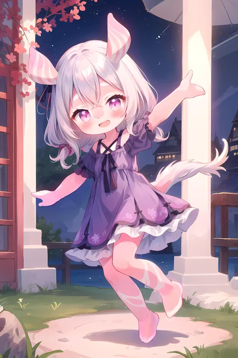 masterpiece, best quality, night, crowd, exhibition, solo, 1girl, raise arm, purple lace dress, elegant, ribbon, updo longhair, shy, blush,
cute, barefoot,
silver hair,
(pink skin:1.2),
long hair,
open mouth,
happy, smile,
(Melusine), straight ears, <lora:MelusineV2:1.0>