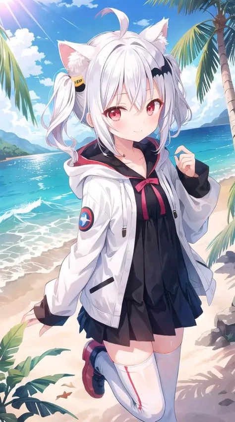 1girl, flat chest, short hair, white hair, ahoge, messy hair, payot, twintails, short twintails, animal ears, animal ear fluff, bat ears, bangs, hair between eyes, bat hair ornament, seductive smile, empty eyes, red eyes, glowing eyes, black dress, short dress, pleated skirt, hooded jacket, white jacket, open jacket, open clothes, white hood, hood down, long sleeves, wide sleeves, sleeves past wrists, sleeves past fingers, white thighhighs, zettai ryouiki, boots, white footwear, outdoors, day, sky, tree, jungle, coconut trees, rocky shoreline, beach, sand, ocean, island, palm trees, blue water, green foliage, Costa Rica, Latin America, sunlit coast, Isla de Coati, masterpiece, best quality, official art, extremely detailed CG unity 8k wallpaper, artbook, yuzu-soft, kobuichi, muririn,