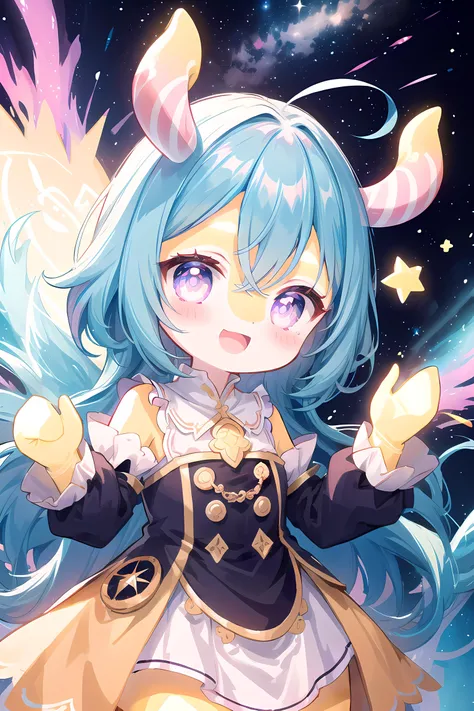 masterpiece, 1girl, upper body, solo, magic circle, looking at viewer, cosmic theme, a magical show, A world of wonder, pure and bright, fantasy theme, cosmos, cosmic art, cosmic, Starry sky background, nebula background, backlighting, blue and purple and pink galaxy outfit, abyss eyes, (extremely detailed CG, unity, 8k wallpaper:1.2), masterpiece, ((ultra-detailed)), ((illustration)), colorful, wallpaper, energy, Unknown terror, arcane, Around the magic, magic surrounds, ,Predicting the Future, Know the past, Infinite wisdom, Pentagram, incantation, mantra, Singing magic,
blue hair,
(yellow skin:1.3),
braided hair,
open mouth,
happy, smile,